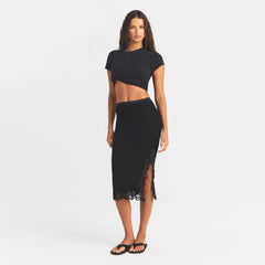 RIB KNIT LACE MIDI SKIRT | OBSIDIAN