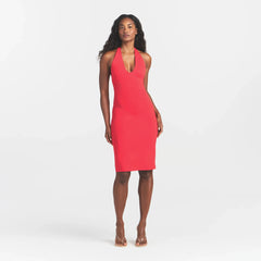 SMOOTH LAYERS PLUNGE HALTER MIDI DRESS | CARMINE