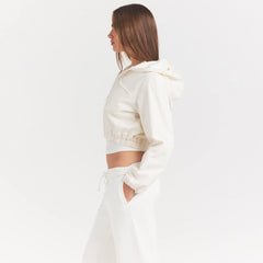 WOVEN COTTON CROPPED ZIP UP JACKET | EGRET