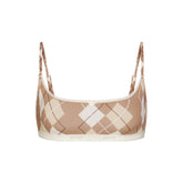 LIGHTWEIGHT COTTON LOGO PICOT SCOOP BRALETTE | CAFE ARGYLE PRINT