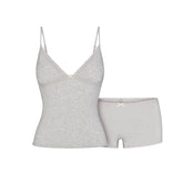 LIGHTWEIGHT COTTON LACE CAMI AND BOY SHORT SET | LIGHT HEATHER GREY