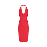 SMOOTH LAYERS PLUNGE HALTER MIDI DRESS | CARMINE