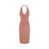 SMOOTH LAYERS PLUNGE HALTER MIDI DRESS | NUTMEG