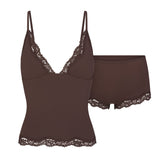 FITS EVERYBODY LACE TRIANGLE CAMI AND BOY SHORT SET | ESPRESSO