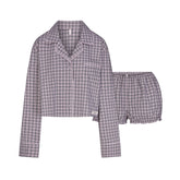 COTTON POPLIN SLEEP CROPPED BUTTON UP AND BLOOMER SET | IRIS MICA NAVY CHECK