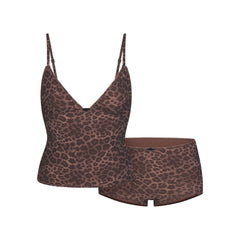FITS EVERYBODY PICOT CAMI AND BOY SHORT SET | UMBER LEOPARD PRINT