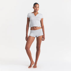 SKIMS SLEEP HENLEY AND FOLDOVER SHORT SET | LIGHT HEATHER GREY