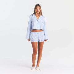 COTTON POPLIN SLEEP CROPPED BUTTON UP AND BLOOMER SET | MARINA MESH STRIPE