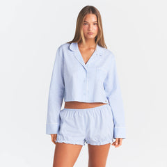 COTTON POPLIN SLEEP CROPPED BUTTON UP AND BLOOMER SET | MARINA MESH STRIPE