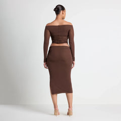 VETTESE X SKIMS SHEER MODAL OFF THE SHOULDER TOP | COCOA