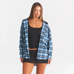 OUTDOOR FLANNEL OVERSIZED HOODED SHIRT | AZURE PLAID