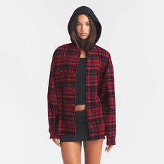 OUTDOOR FLANNEL OVERSIZED HOODED SHIRT | MERLOT CABIN PLAID