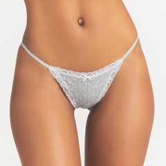 LIGHTWEIGHT COTTON POINTELLE LACE STRING THONG | LIGHT HEATHER GREY PIN DOT