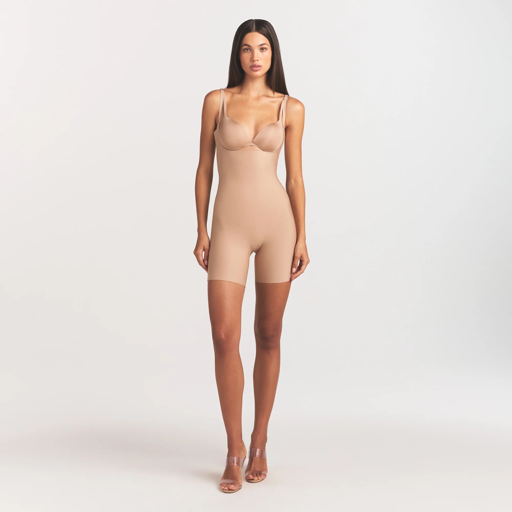 SKIMS BODY CORE SCULPT BACK SMOOTHING OPEN BUST MID THIGH BODYSUIT | CLAY