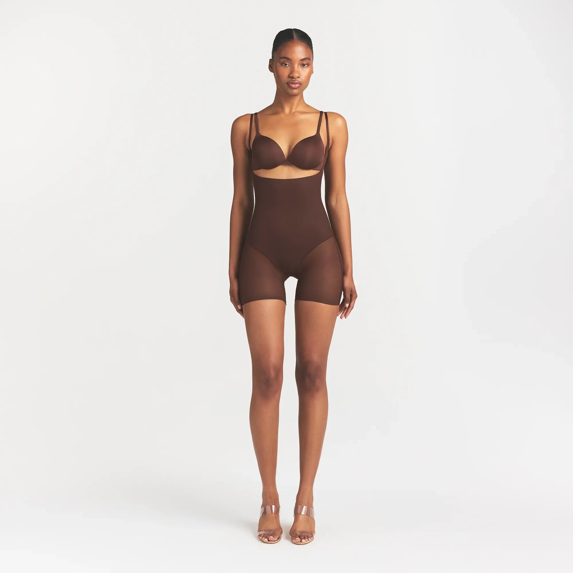 SKIMS BODY CORE SCULPT BACK SMOOTHING OPEN BUST MID THIGH BODYSUIT | COCOA