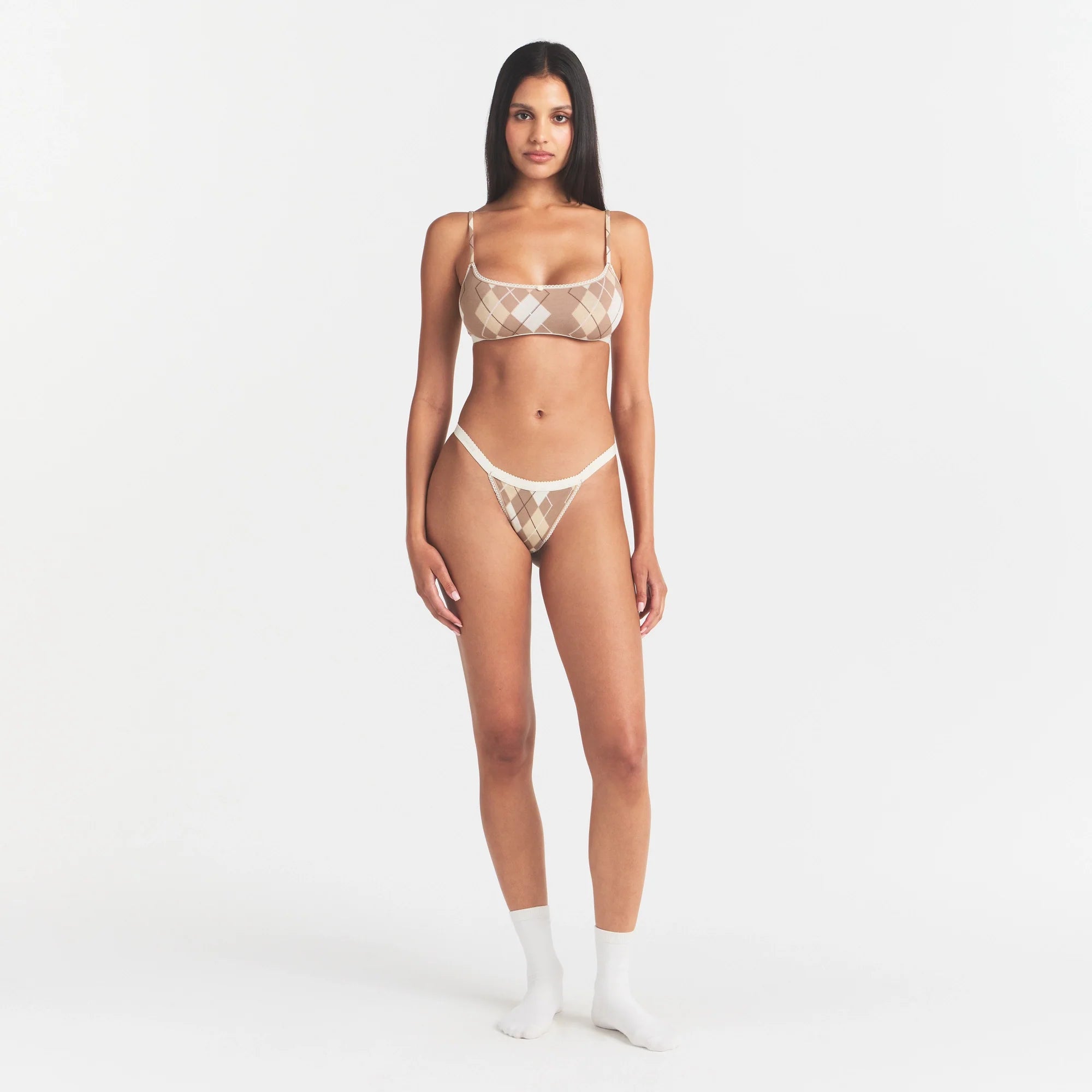 LIGHTWEIGHT COTTON LOGO PICOT STRING BIKINI | CAFE ARGYLE PRINT