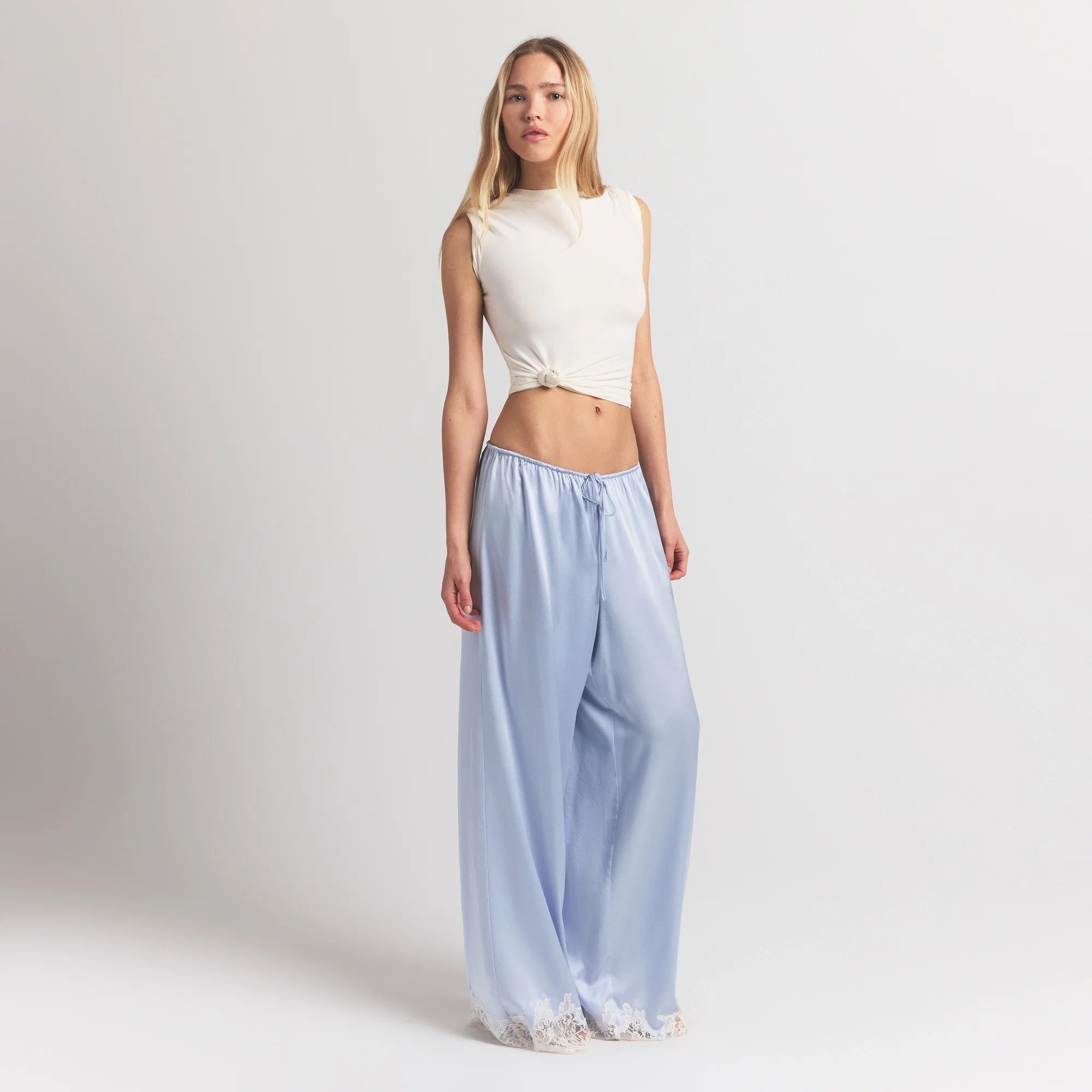 SILK LACE STRAIGHT LEG PANT | PERIWINKLE CONTRAST