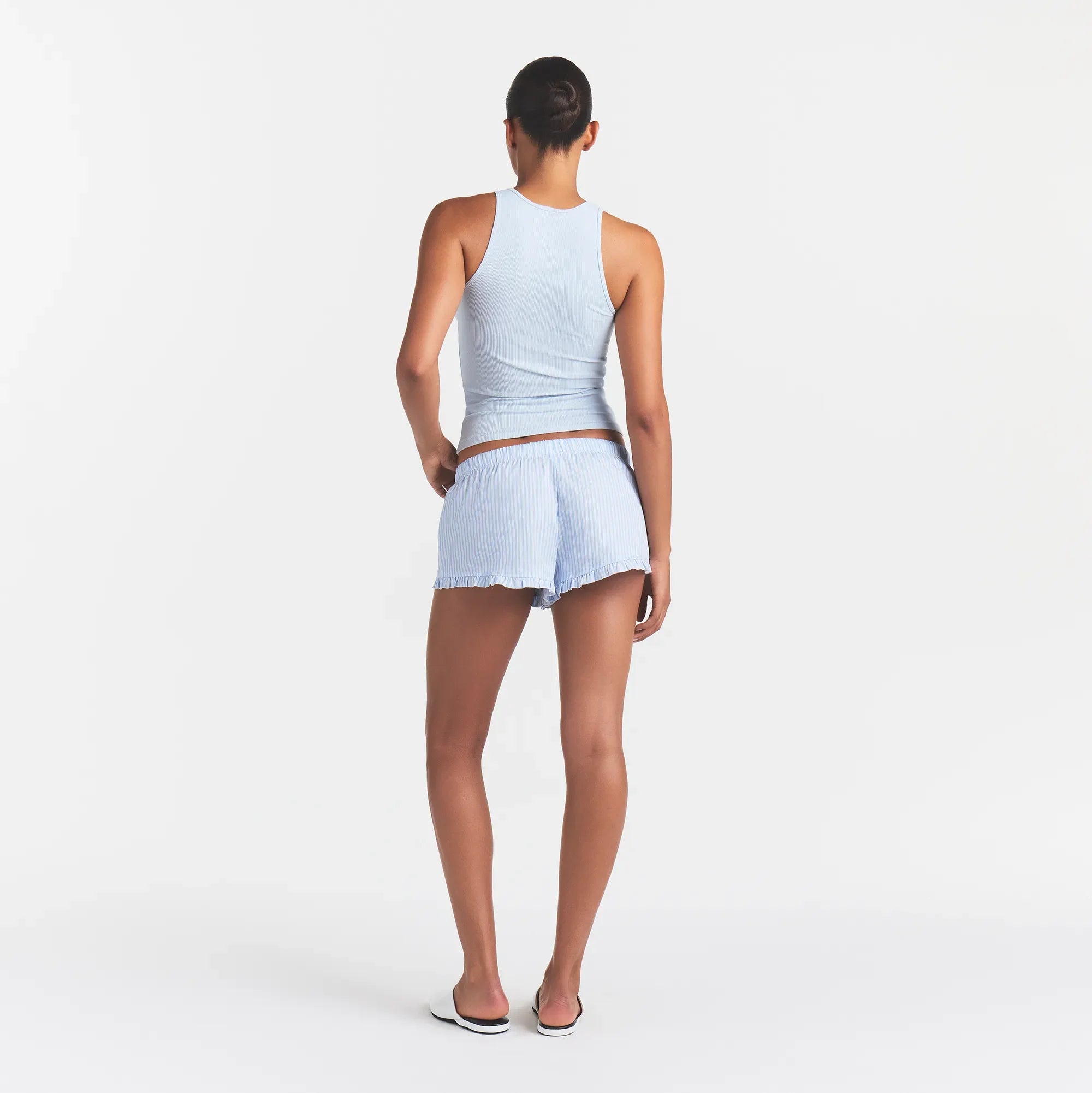 COTTON POPLIN SLEEP RUFFLE SHORT | MARINA MESH STRIPE