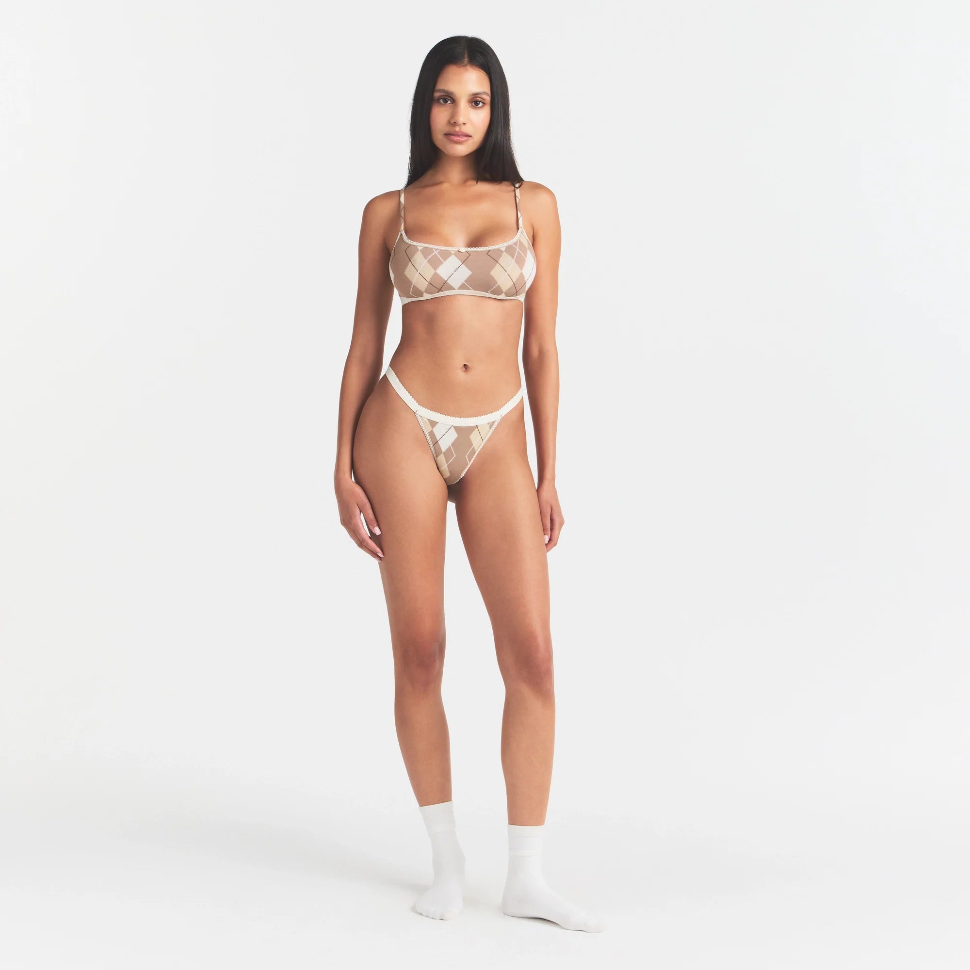 LIGHTWEIGHT COTTON LOGO PICOT SCOOP BRALETTE | CAFE ARGYLE PRINT