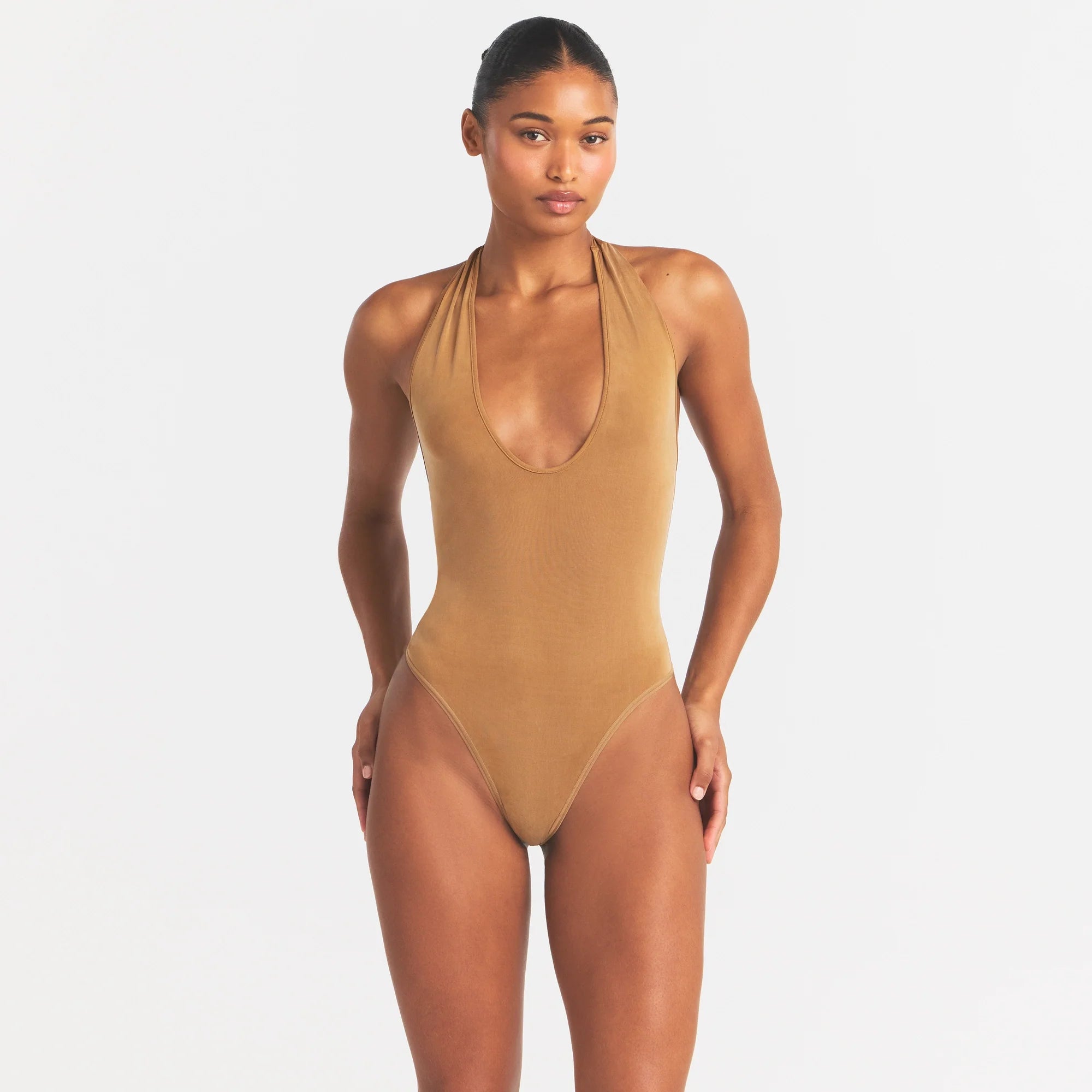 CUPRO JERSEY HALTER BODYSUIT | ALMOND