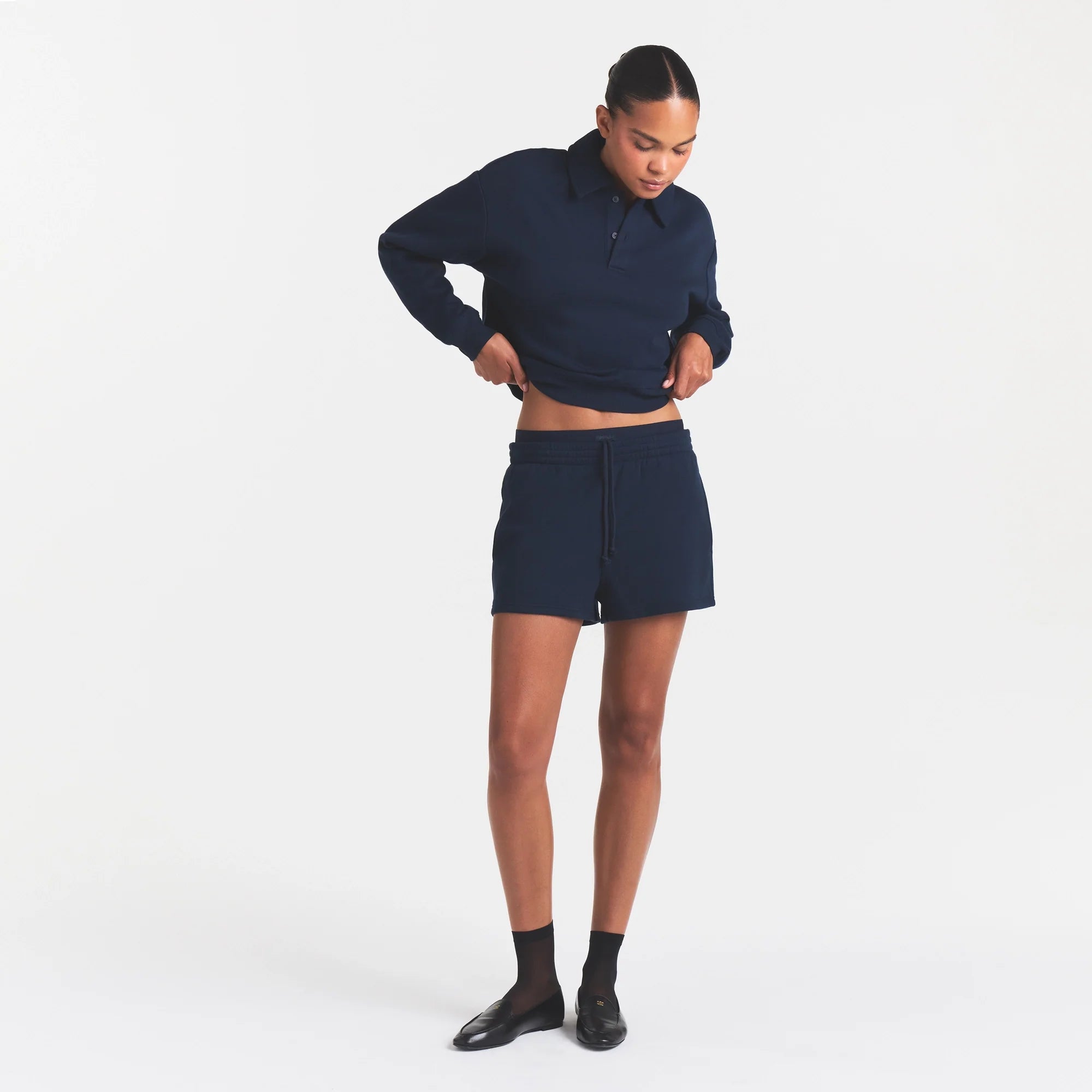 COTTON FLEECE DOUBLE WAISTBAND SHORT | NAVY