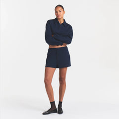 COTTON FLEECE DOUBLE WAISTBAND SHORT | NAVY