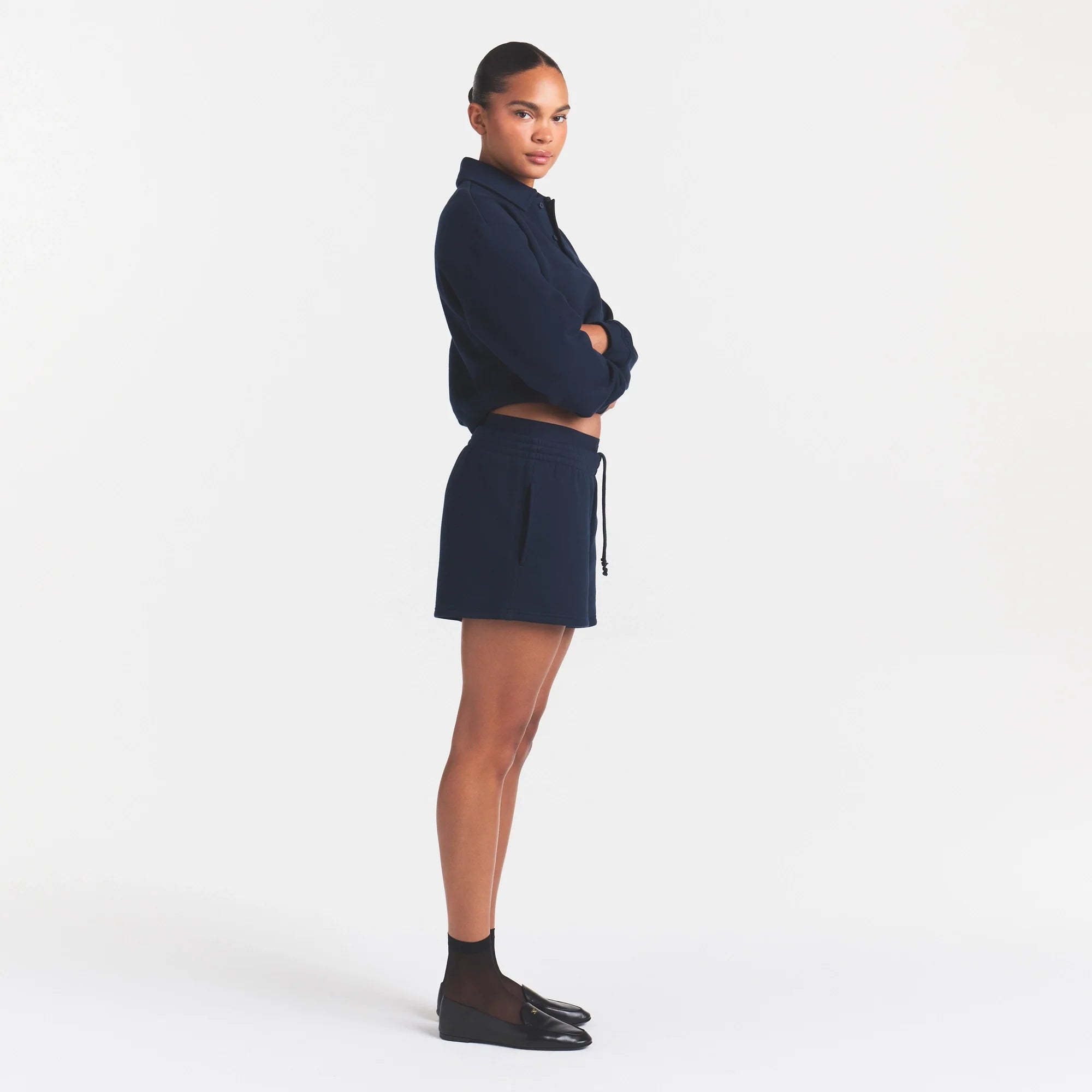 COTTON FLEECE DOUBLE WAISTBAND SHORT | NAVY