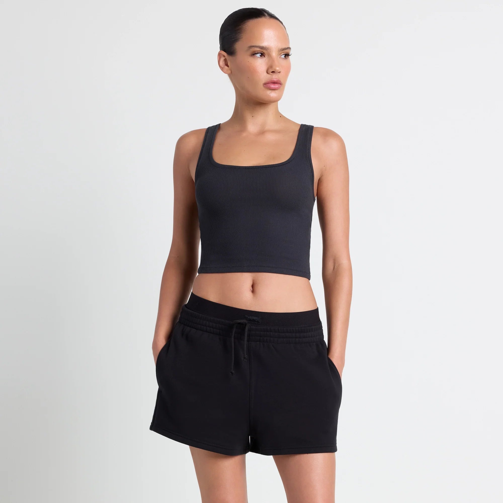 COTTON FLEECE DOUBLE WAISTBAND SHORT | ONYX