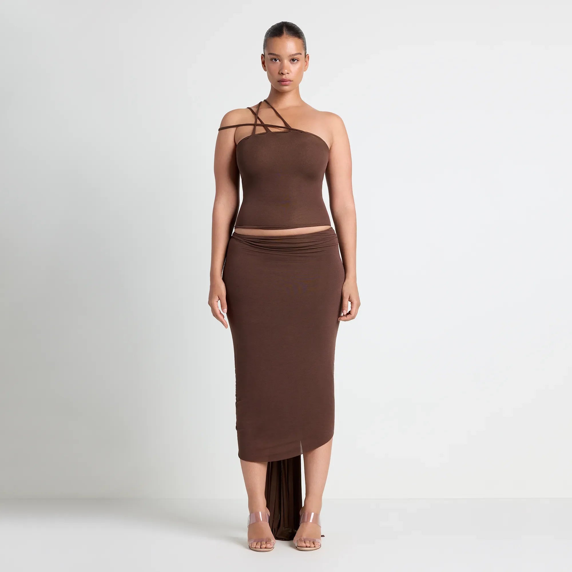 VETTESE X SKIMS SHEER MODAL DRAPED MIDI SKIRT  | COCOA