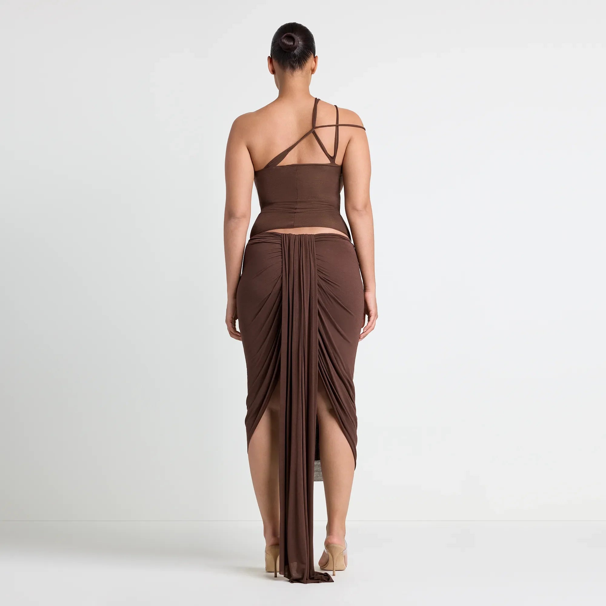 VETTESE X SKIMS SHEER MODAL DRAPED MIDI SKIRT  | COCOA