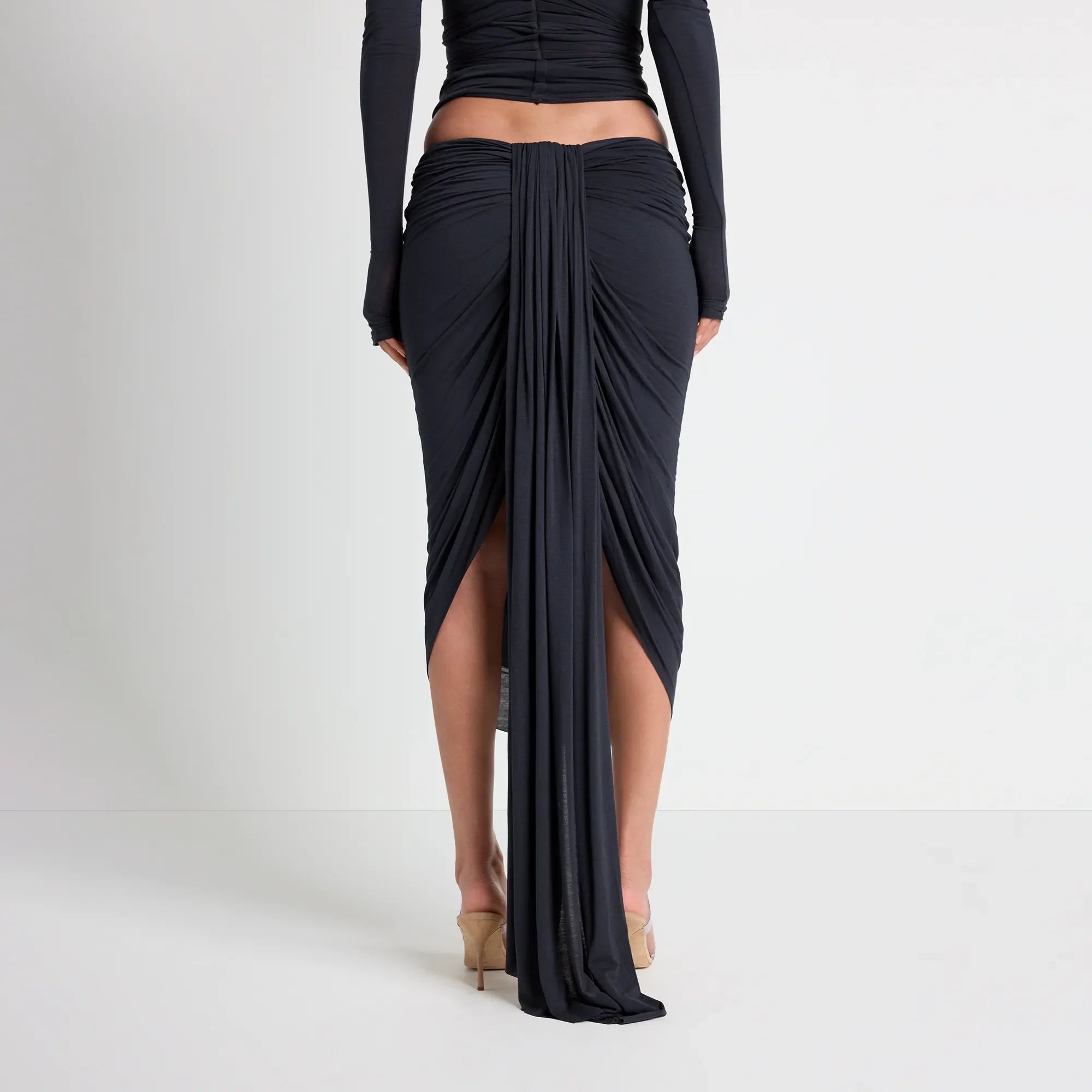 VETTESE X SKIMS SHEER MODAL DRAPED MIDI SKIRT | ONYX