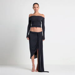 VETTESE X SKIMS SHEER MODAL DRAPED MIDI SKIRT | ONYX