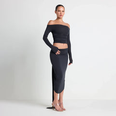 VETTESE X SKIMS SHEER MODAL DRAPED MIDI SKIRT | ONYX