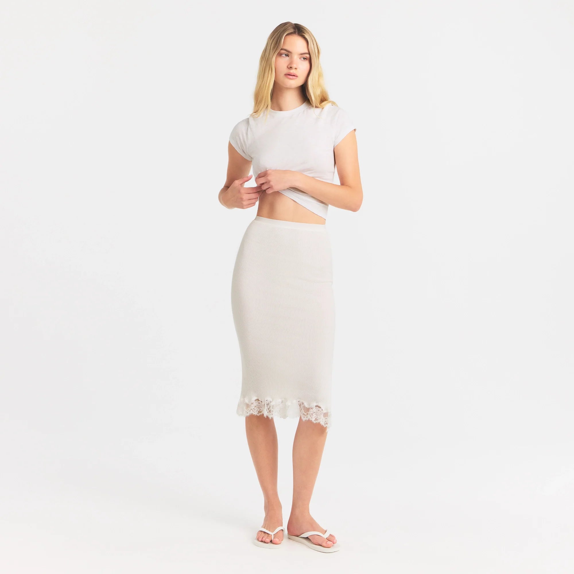 RIB KNIT LACE MIDI SKIRT | EGRET