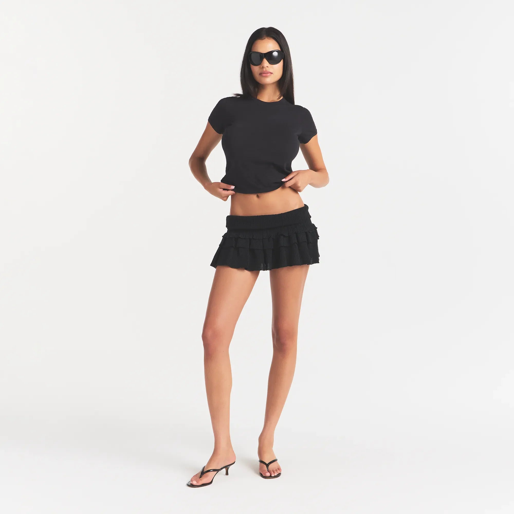 SHEER KNIT RUFFLE MINI SKIRT | ONYX