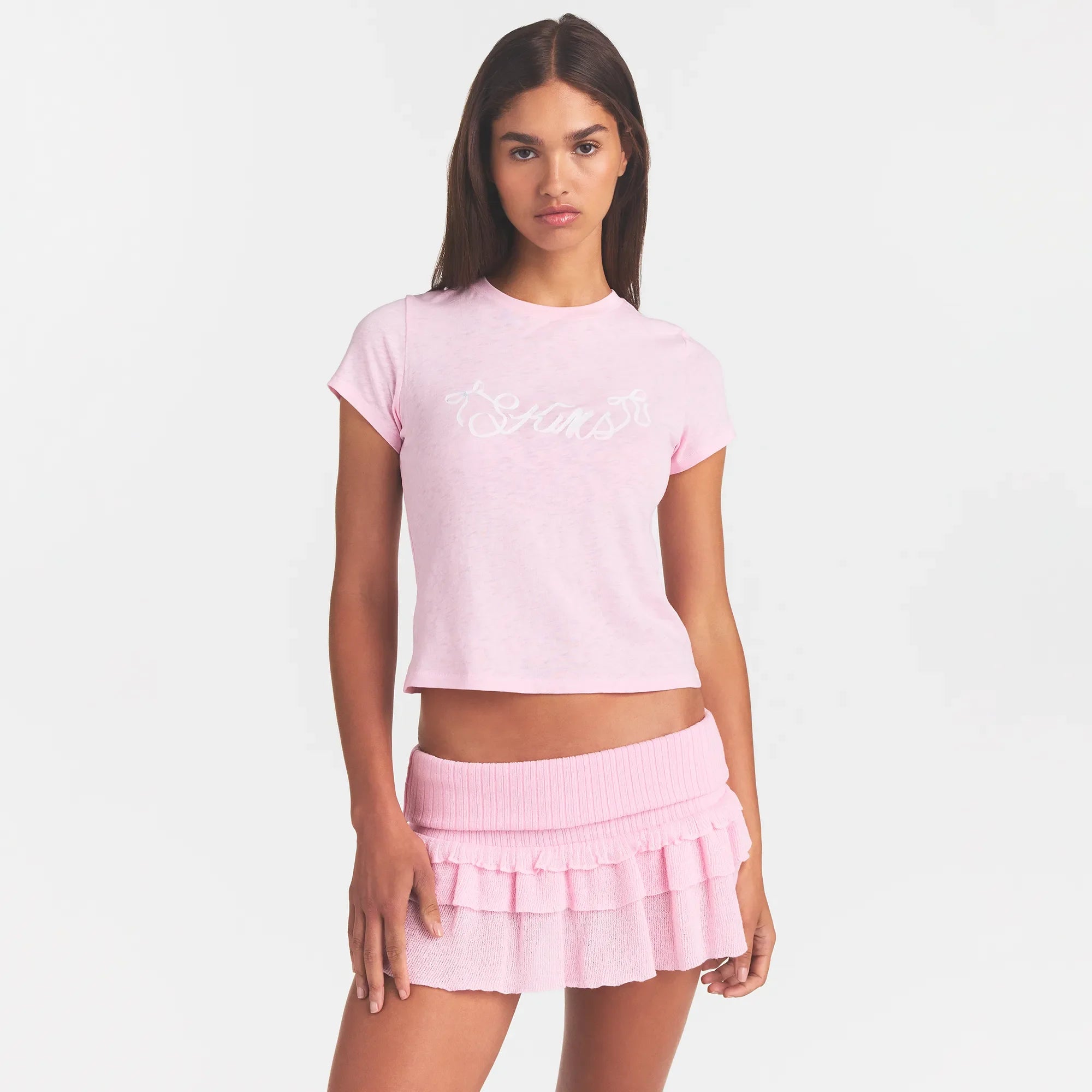 SHEER KNIT RUFFLE MINI SKIRT | PEONY