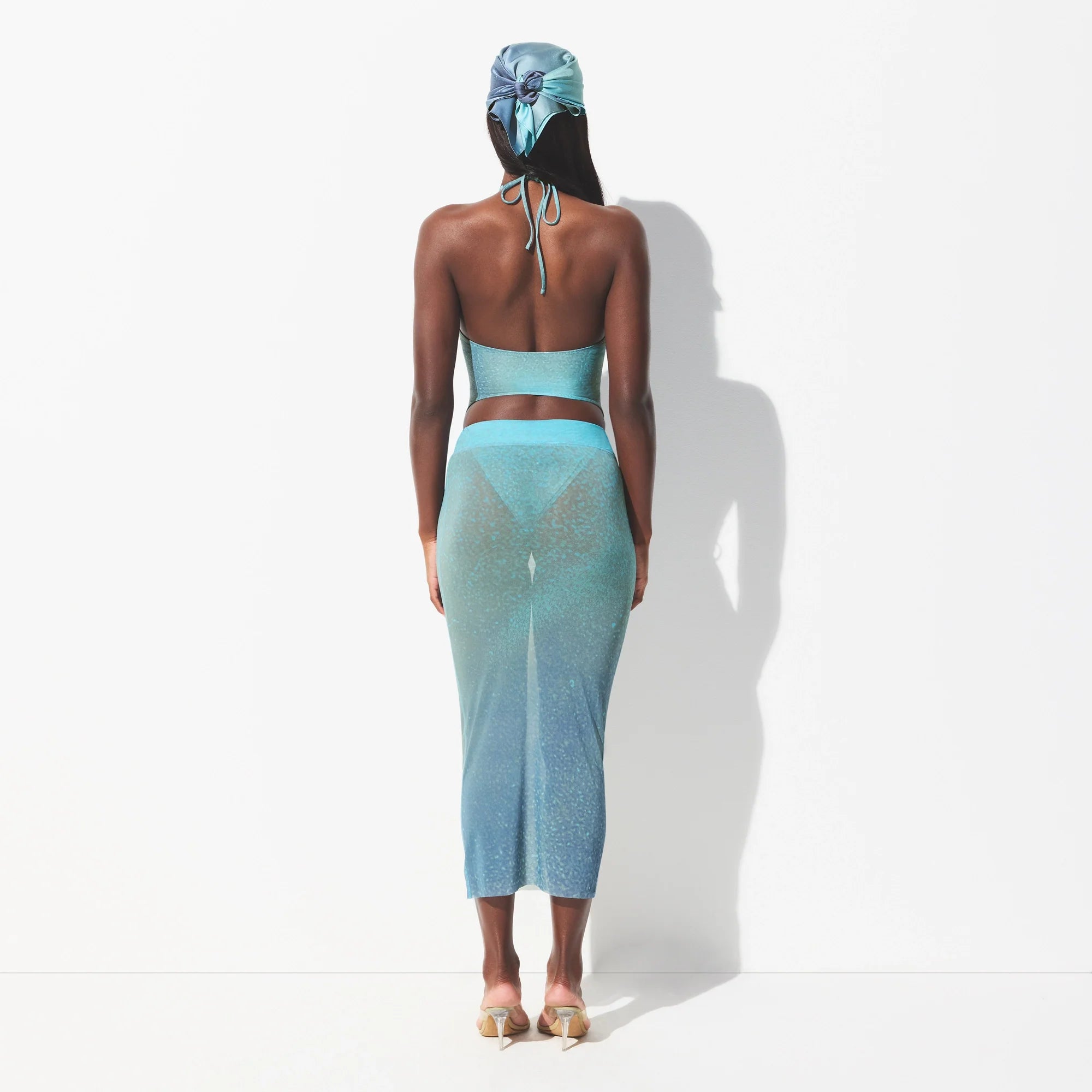 MESH COVER-UPS MIDI SKIRT | CYAN FK BODY PRINT