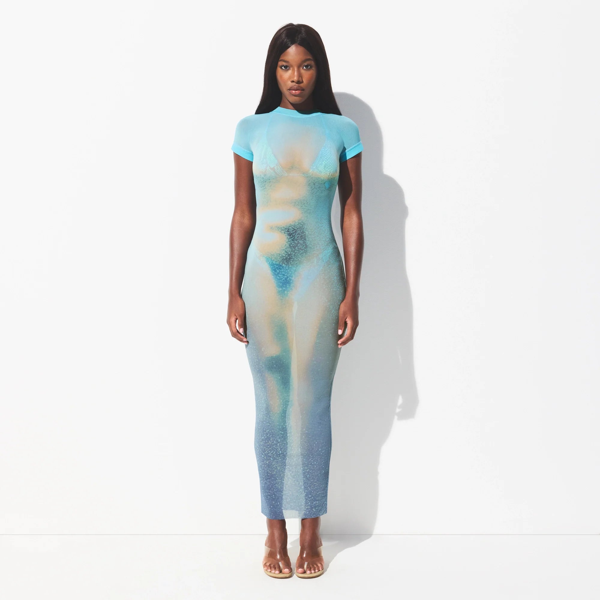 MESH COVER-UPS LONG DRESS | CYAN FK BODY PRINT