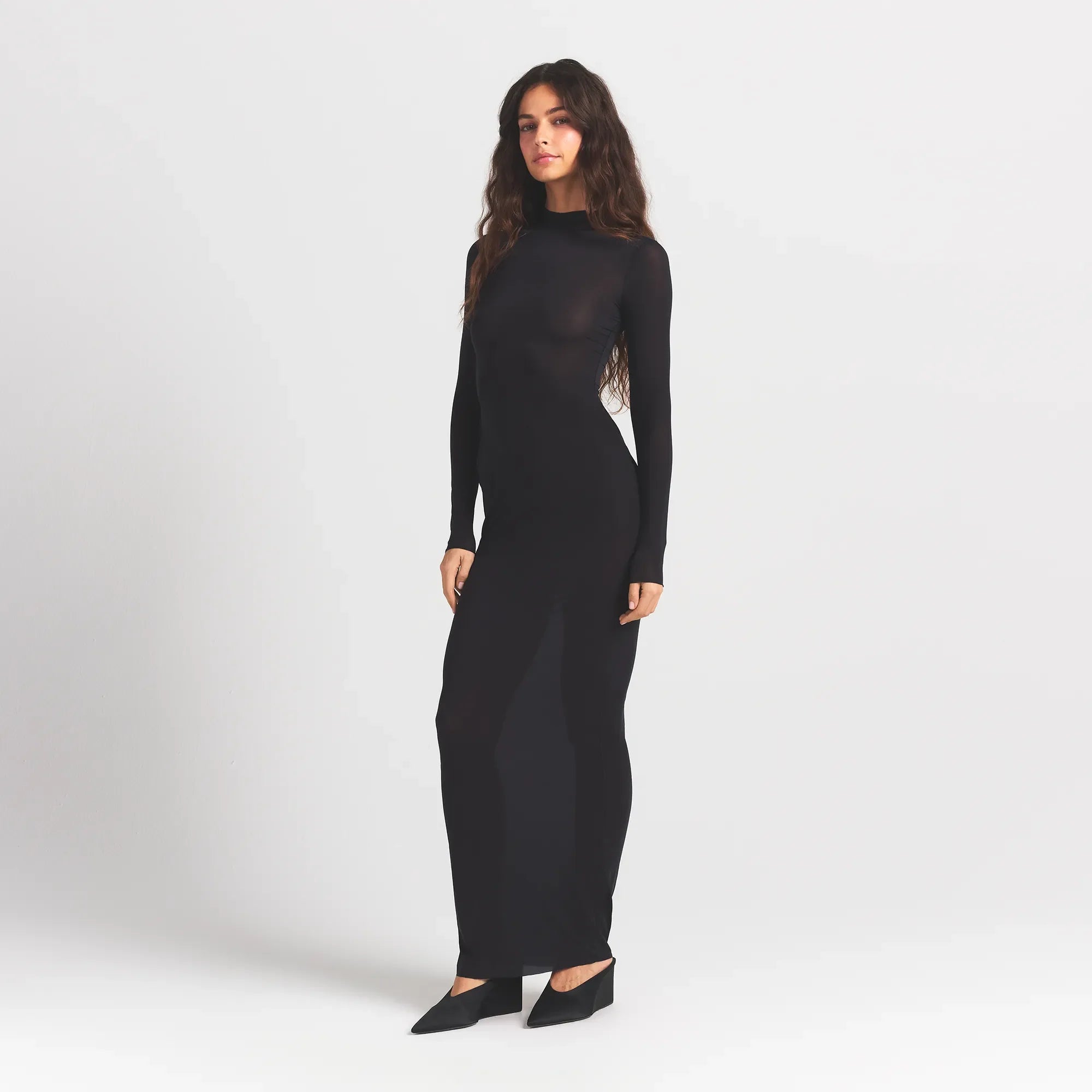 MILKY SHEER MOCK NECK LONG SLEEVE LONG DRESS | OBSIDIAN