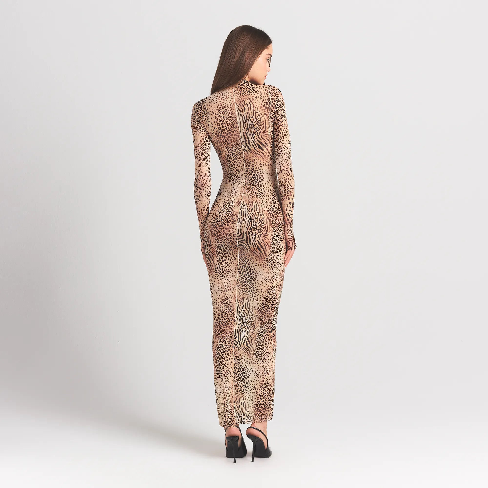 MILKY SHEER MOCK NECK LONG SLEEVE LONG DRESS | SAND MULTI ANIMAL