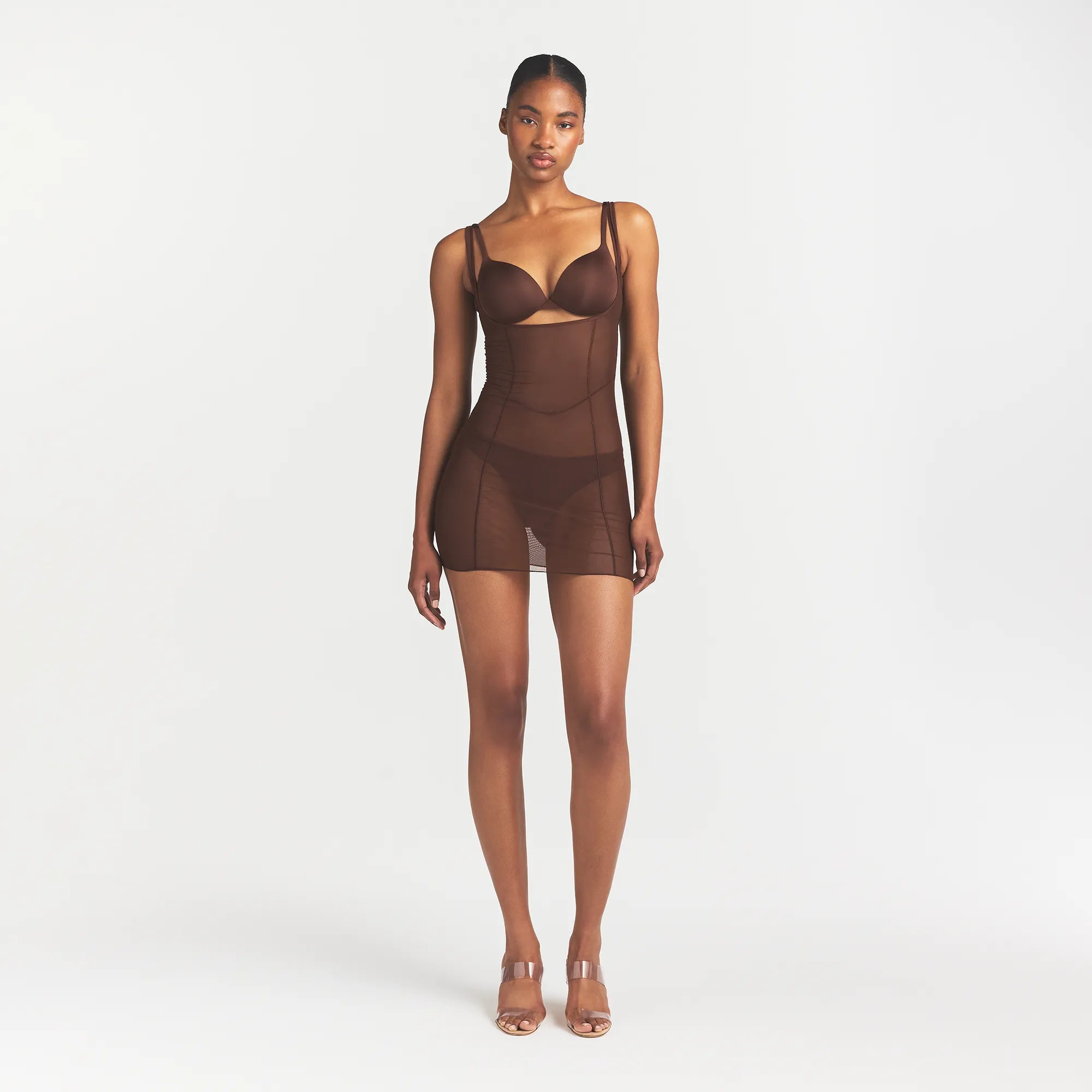 POWER MESH SHAPEWEAR OPEN BUST SLIP DRESS | COCOA