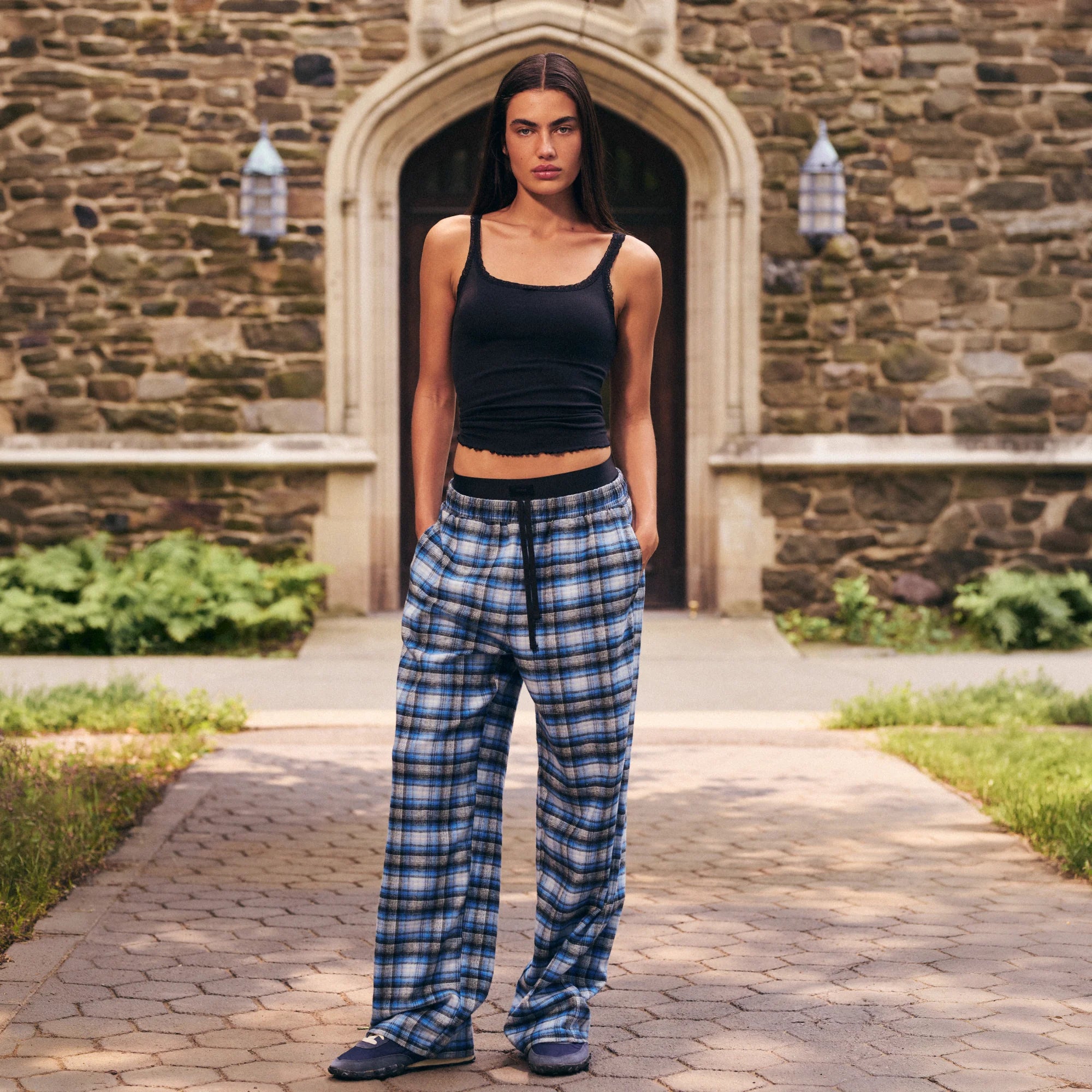 OUTDOOR FLANNEL OVERSIZED DOUBLE WAISTBAND PANT | AZURE PLAID
