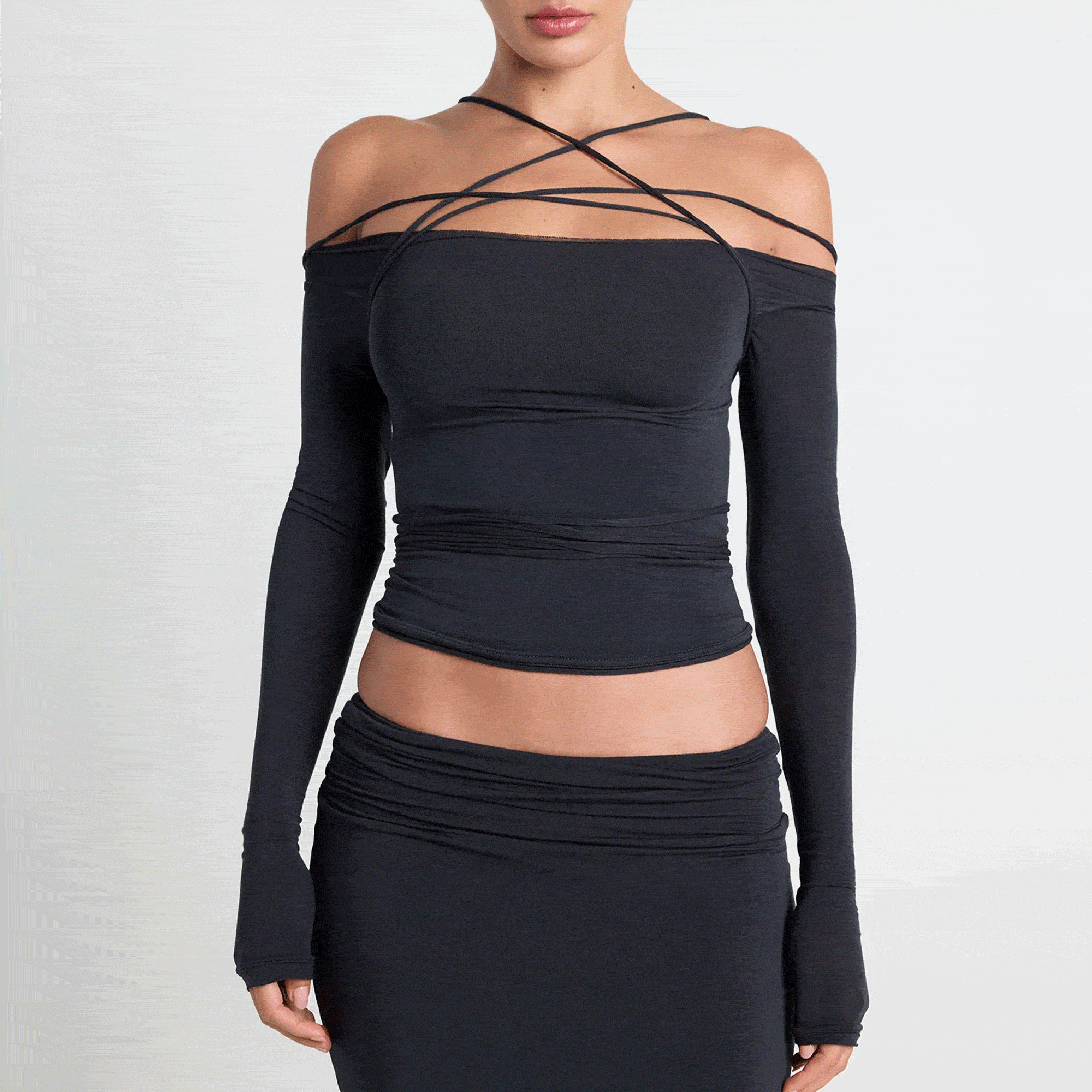 VETTESE X SKIMS SHEER MODAL OFF THE SHOULDER TOP | ONYX