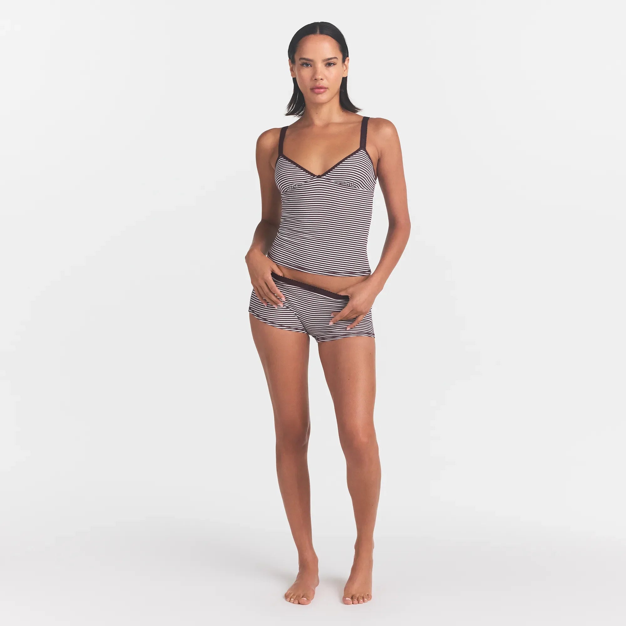LIGHTWEIGHT COTTON LOGO PICOT CAMI AND BOY SHORT SET | CURRANT FEEDER STRIPE