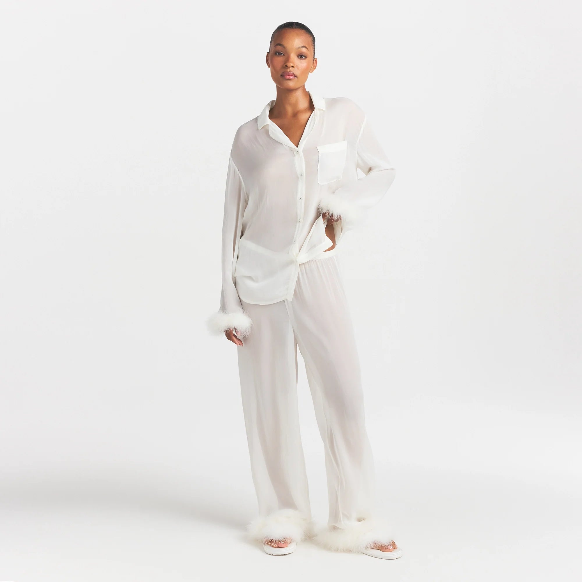 BRIDAL SLEEP FEATHER TRIM LONG SET | IVORY