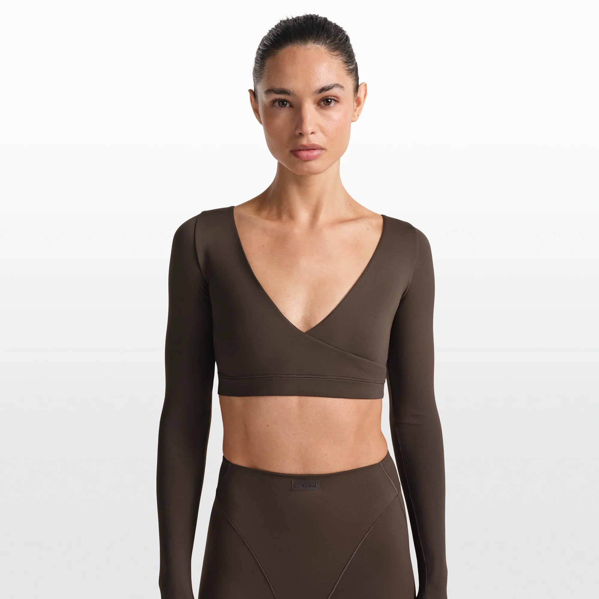 NikeSKIMS MATTE WRAP LONG SLEEVE CROPPED TOP | DARK SEPIA