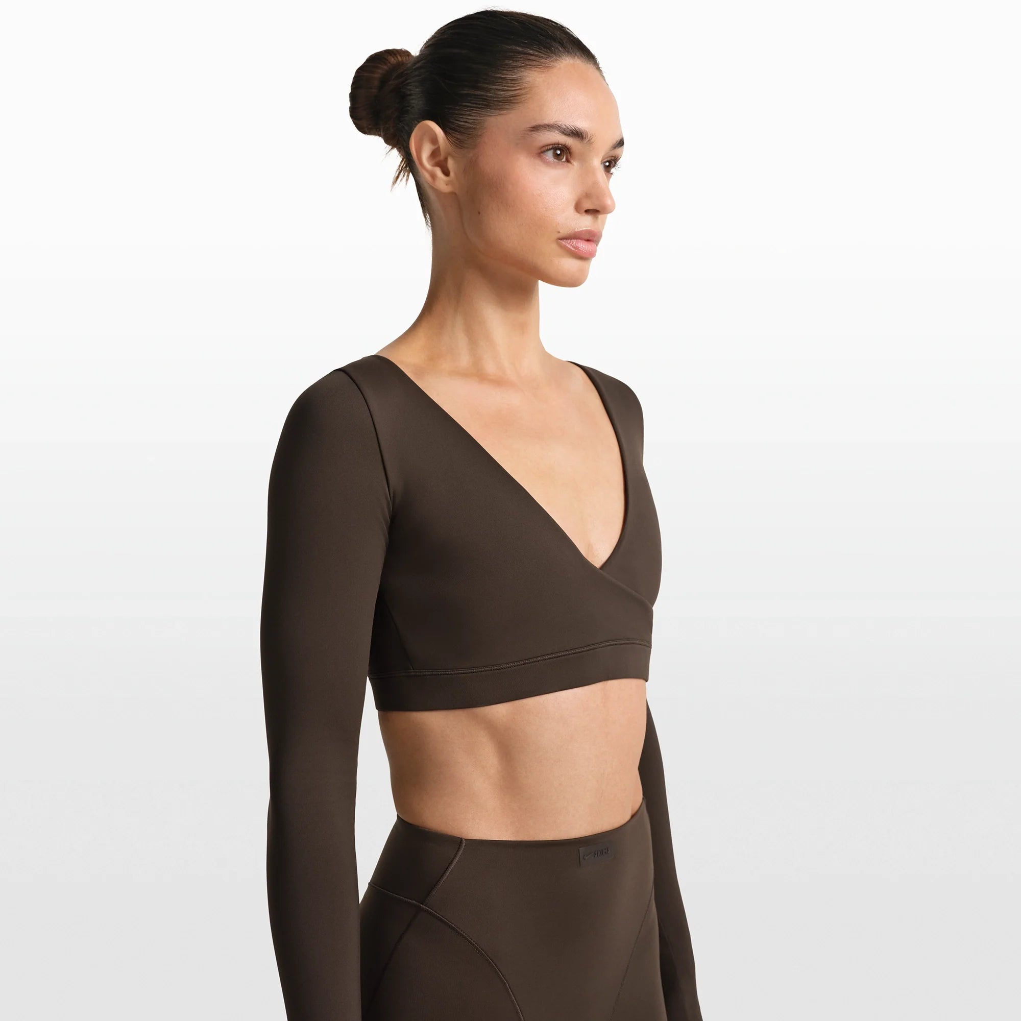 NikeSKIMS MATTE WRAP LONG SLEEVE CROPPED TOP | DARK SEPIA