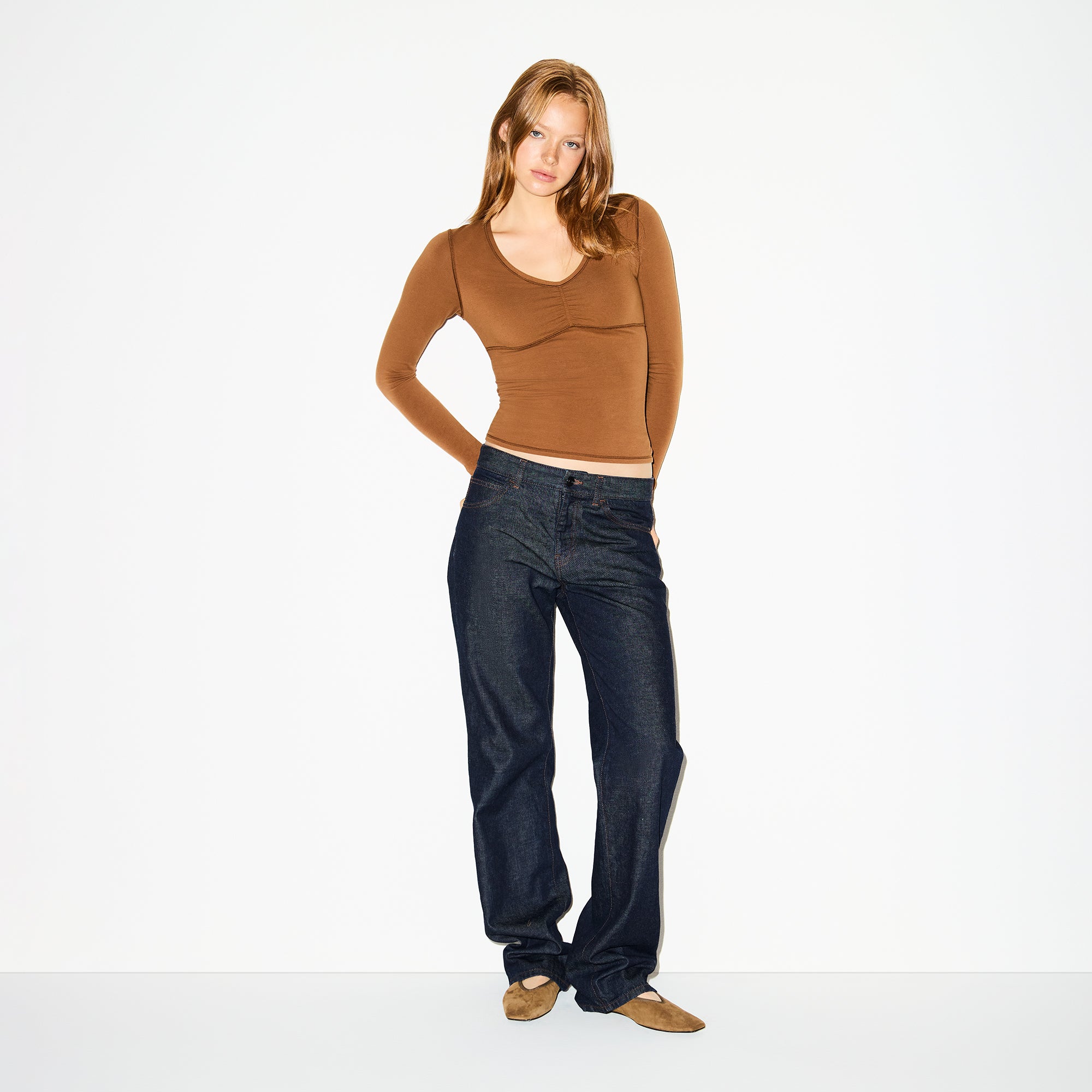 COTTON JERSEY SHIRRED BUST LONG SLEEVE | CHAI