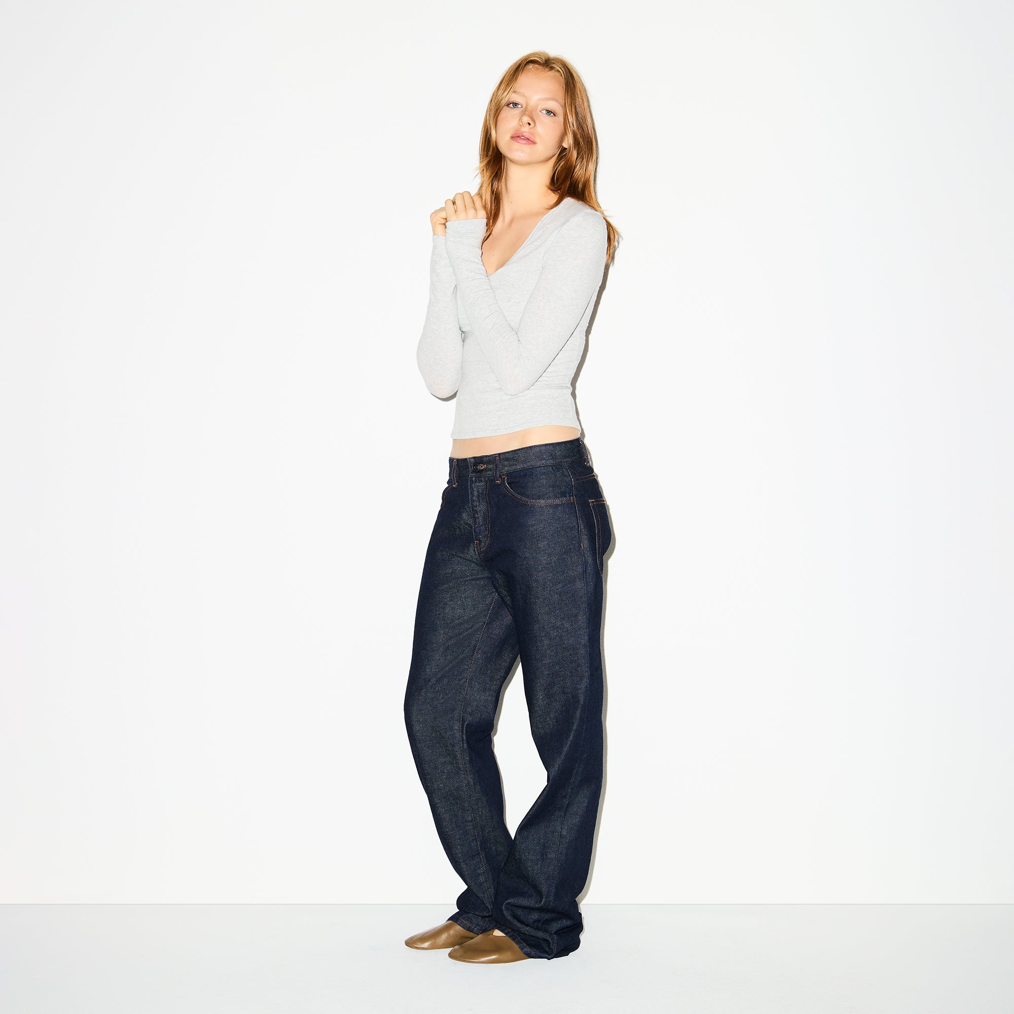 COTTON JERSEY SHIRRED BUST LONG SLEEVE | LIGHT HEATHER GREY