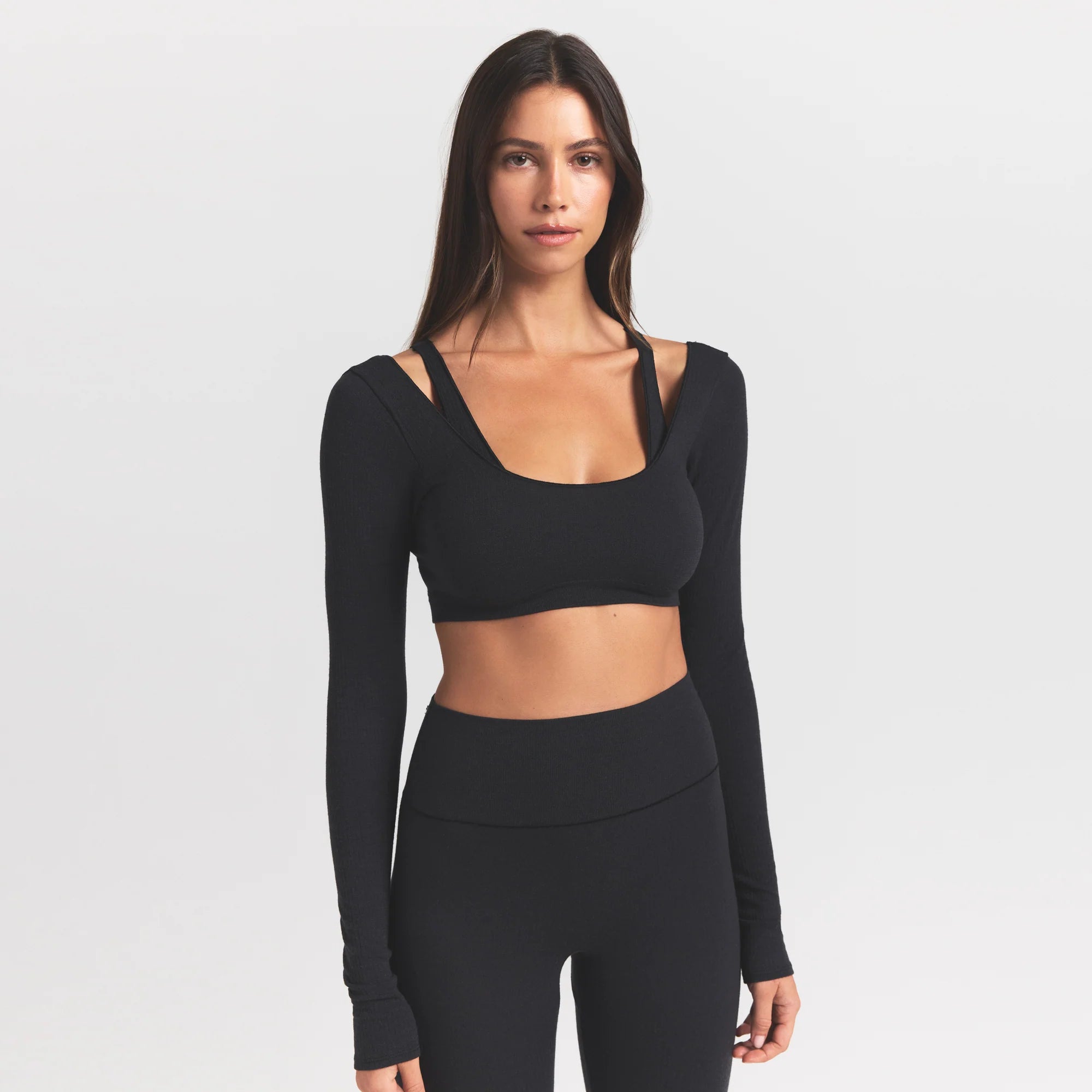 WOOL RIB LONG SLEEVE SUPER CROPPED TOP | OBSIDIAN